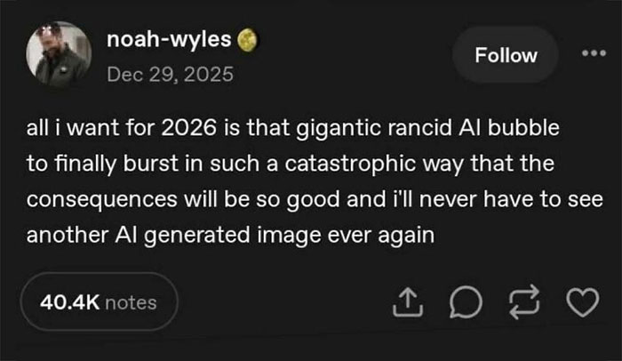 A social media post on a dark background about wanting the AI bubble to burst, providing comfort and serotonin memes.