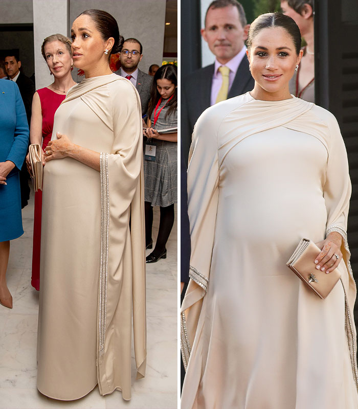 Meghan Markle in a stunning cream kaftan, showcasing her elegant celebrity pregnancy look.