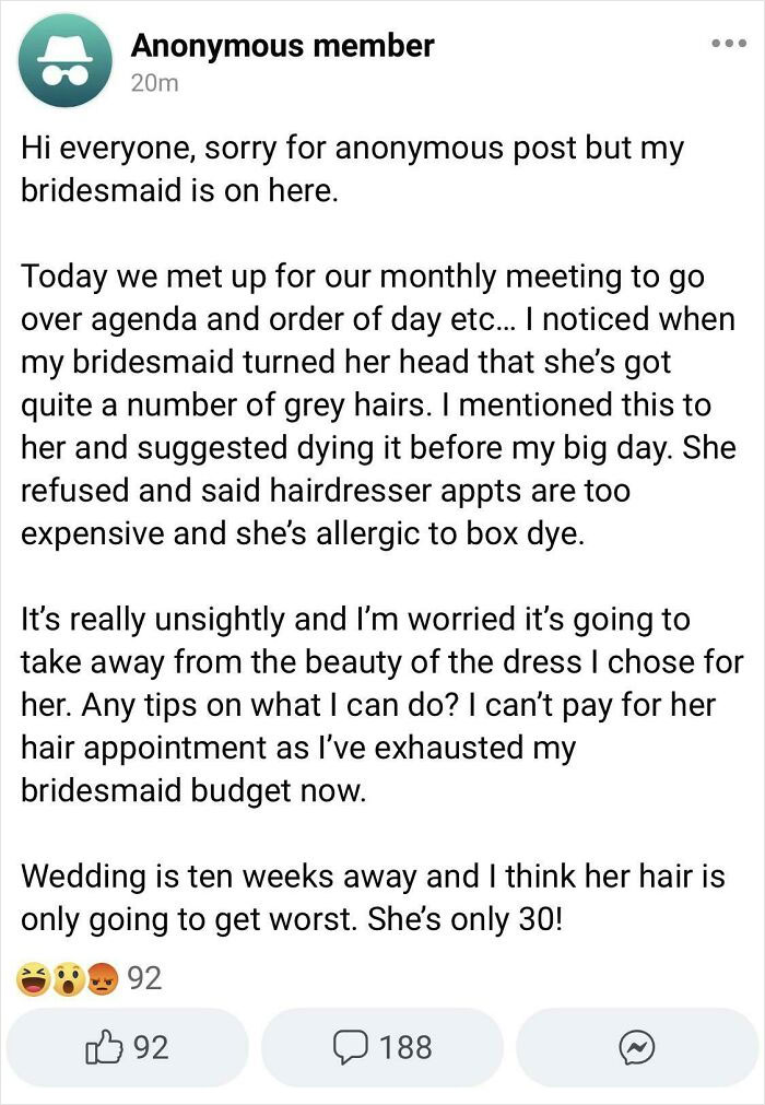 A screenshot of a post from an anonymous member discussing a bridesmaid's grey hair and the impact on the wedding day.