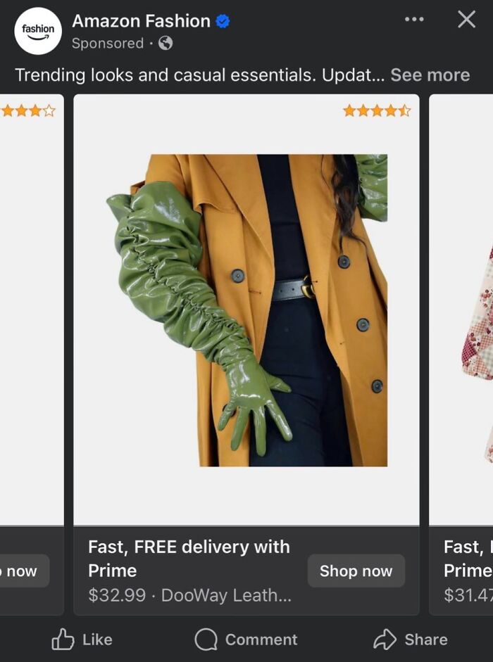An Amazon Fashion ad showcasing a model in a mustard coat with oversized, shiny green ruched gloves, a hilariously bad fashion crime.