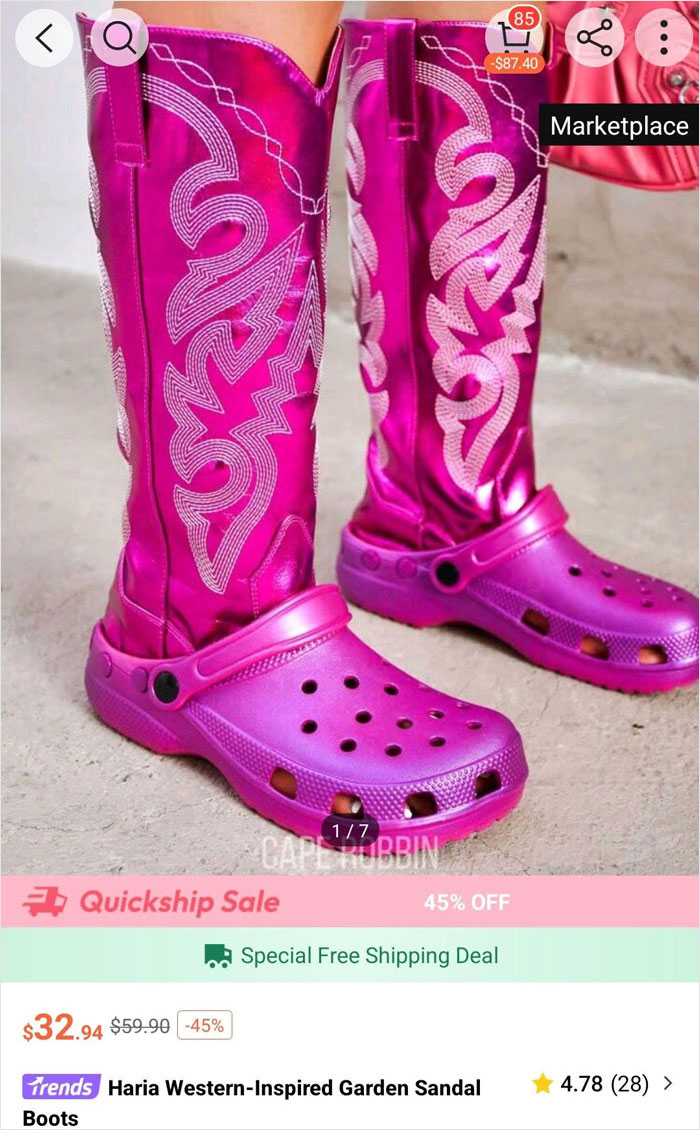 A pair of shockingly bad fashion crime hybrid boots, fuchsia with white embroidery, merging cowboy boots with Crocs.
