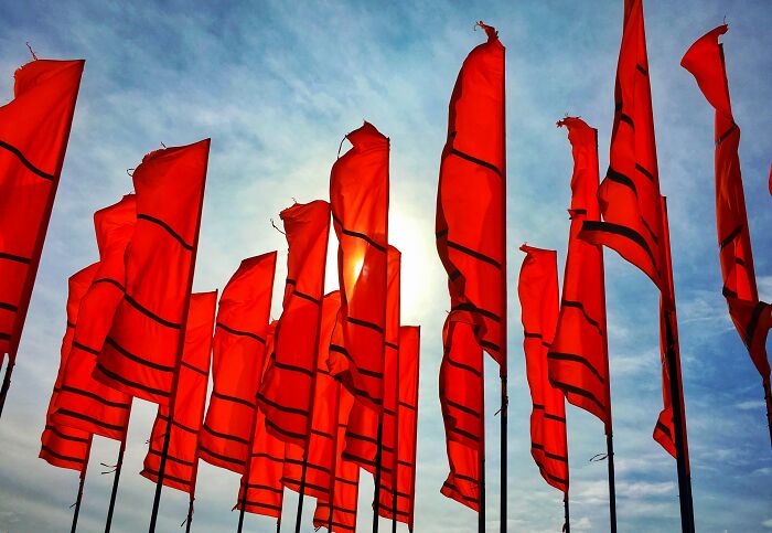 Numerous bright orange flags fluttering against a sunny sky, symbolizing healthy habits people often glorify.