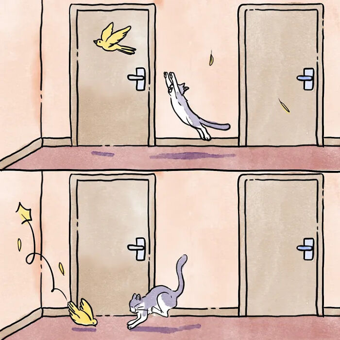 A comic of a gray cat chasing a yellow bird in a hallway, perfectly capturing life with pets. A comic of a gray cat chasing a yellow bird in a hallway, perfectly capturing life with pets.