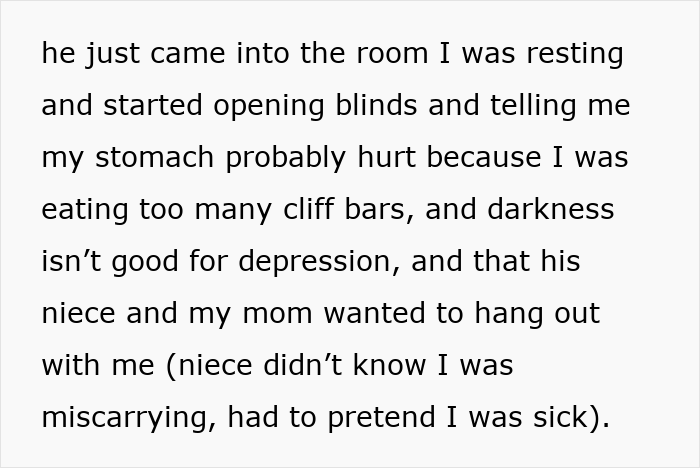 A screenshot of text detailing a husband left pregnant partner and miscarried, receiving no comfort. A screenshot of text detailing a husband left pregnant partner and miscarried, receiving no comfort.