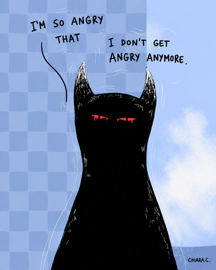 Illustration of an angry black horned figure with red eyes, showing a woman's emotions in modern society, with text I'M SO ANGRY THAT I DON'T GET ANGRY ANYMORE.