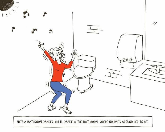 A relatable parenting comic by a cartoonist, depicting a woman dancing freely in a bathroom.