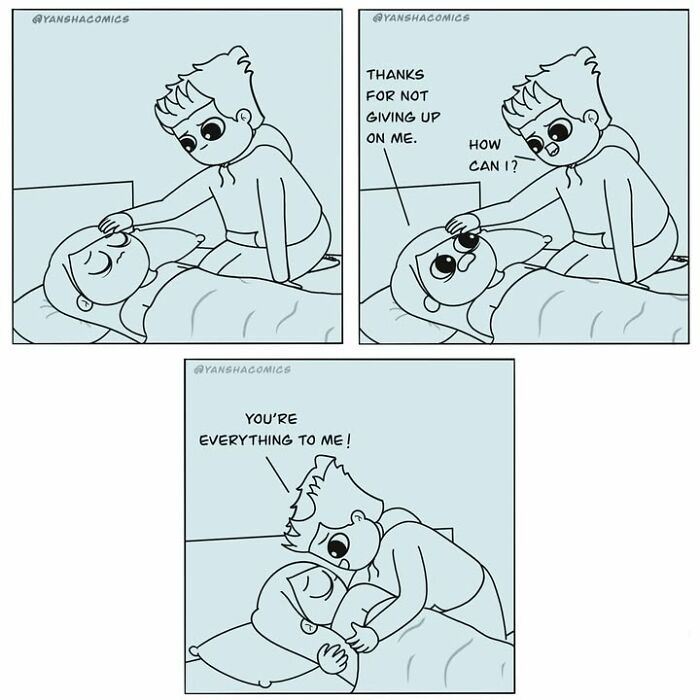 Adorable comics depicting a person comforting their partner, illustrating what it means to be in love.