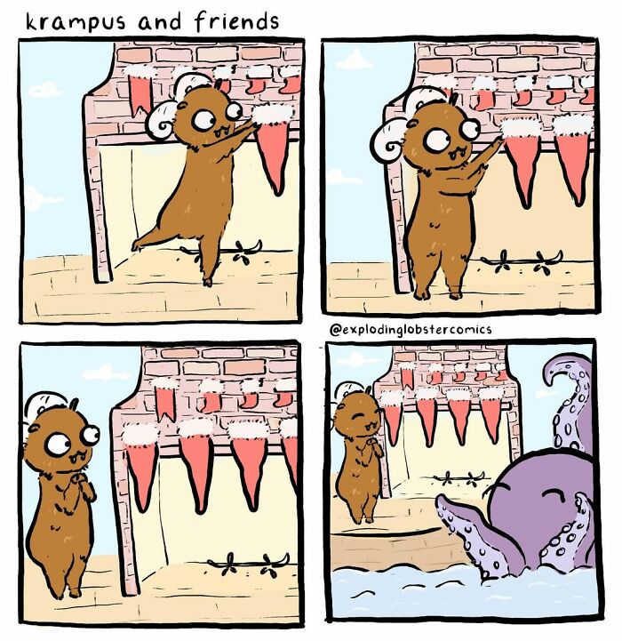 An artist's comics with a cryptid and friends making questionable life choices in a fireplace.