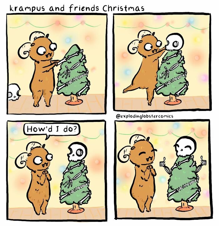 Artist's comics: Krampus and friends decorating a Christmas tree with a skull.