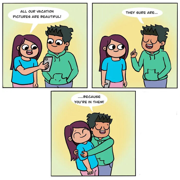 Adorable comics portraying a man complimenting his girlfriend by saying their vacation pictures are beautiful because she is in them, showing what it means to be in love.