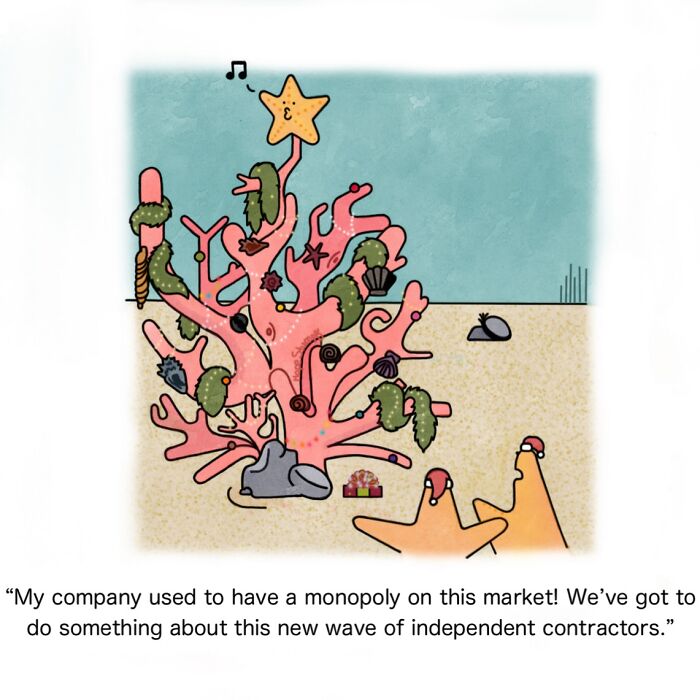 Hilariously relatable comics show starfishes decorating coral like a Christmas tree, bringing animals to life.