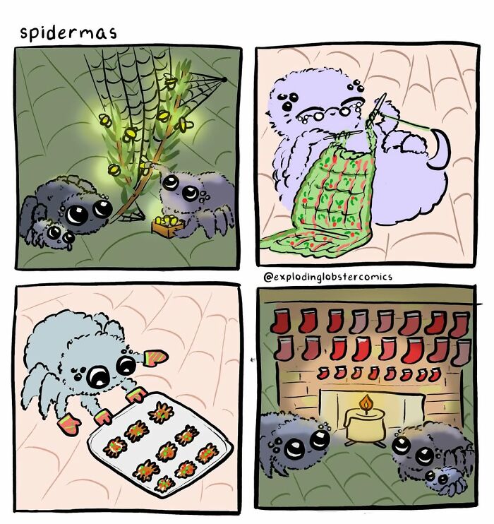 Artist's comics: Spidermas celebration with spiders knitting, baking, and hanging stockings.