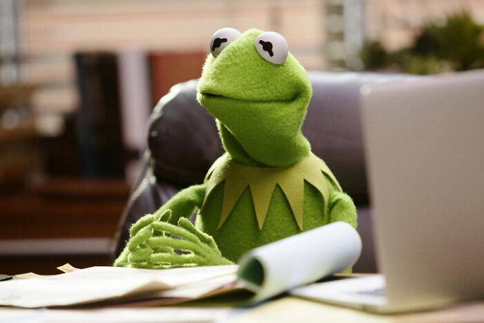 Kermit the Frog looking thoughtful at a desk, exemplifying dry British humor.