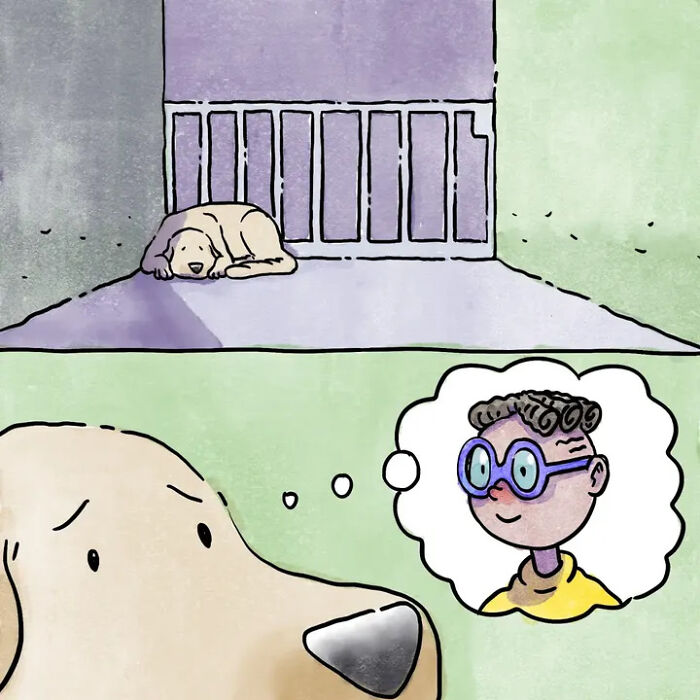 A dog waiting by a fence, dreaming of its pet owner, depicting heartwarming comics about life with pets. A dog waiting by a fence, dreaming of its pet owner, depicting heartwarming comics about life with pets.