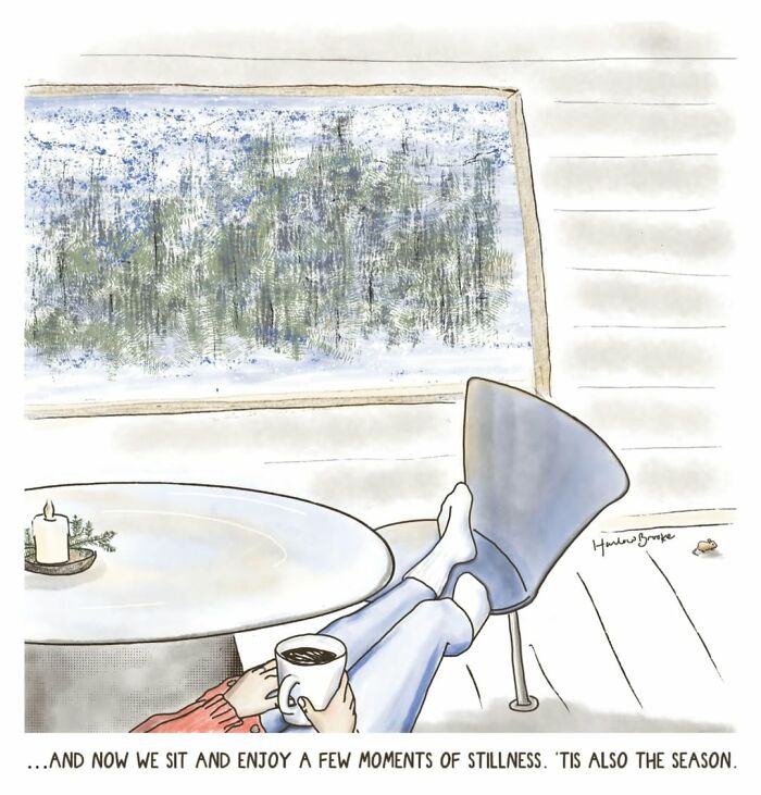 A relatable parenting comic by a cartoonist, featuring a person relaxing by a window with a snowy view.