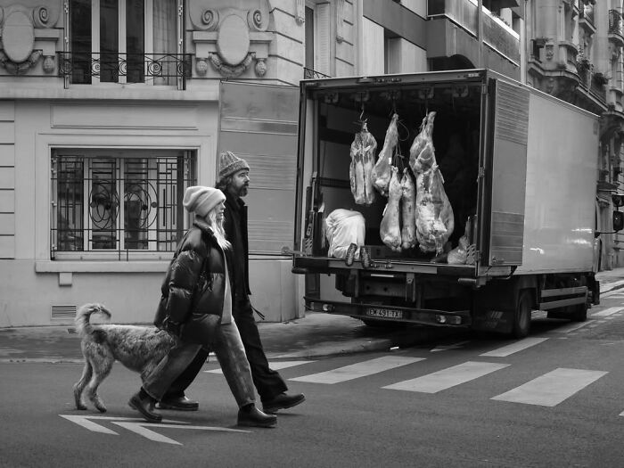 A couple and their dog cross a street near a truck with hanging meat, a perfectly timed street photo in Paris.
