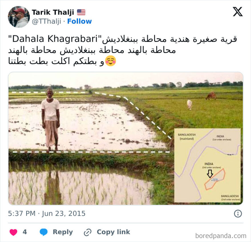 A man stands in a rice paddy field in India, with Bangladesh country borders visible as a dotted line, creating a complex enclave.