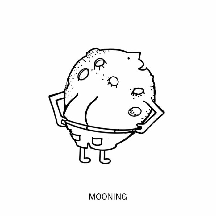 Humorous illustration by artist playfully redefining words: Mooning, a moon wearing shorts. New humorous illustrations.
