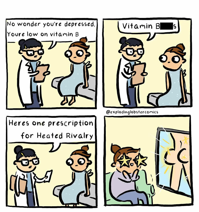 A comic showing a doctor prescribing 'heated rivalry' for a patient, relating to the funny life choices.