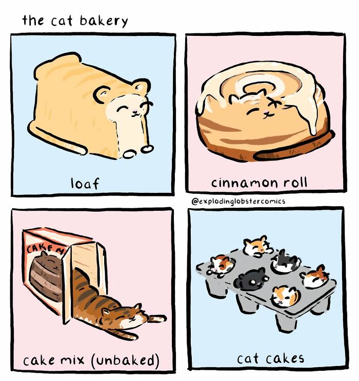 Artist's comics: A bakery of cats in the shape of a loaf, cinnamon roll, cake mix, and cat cakes.