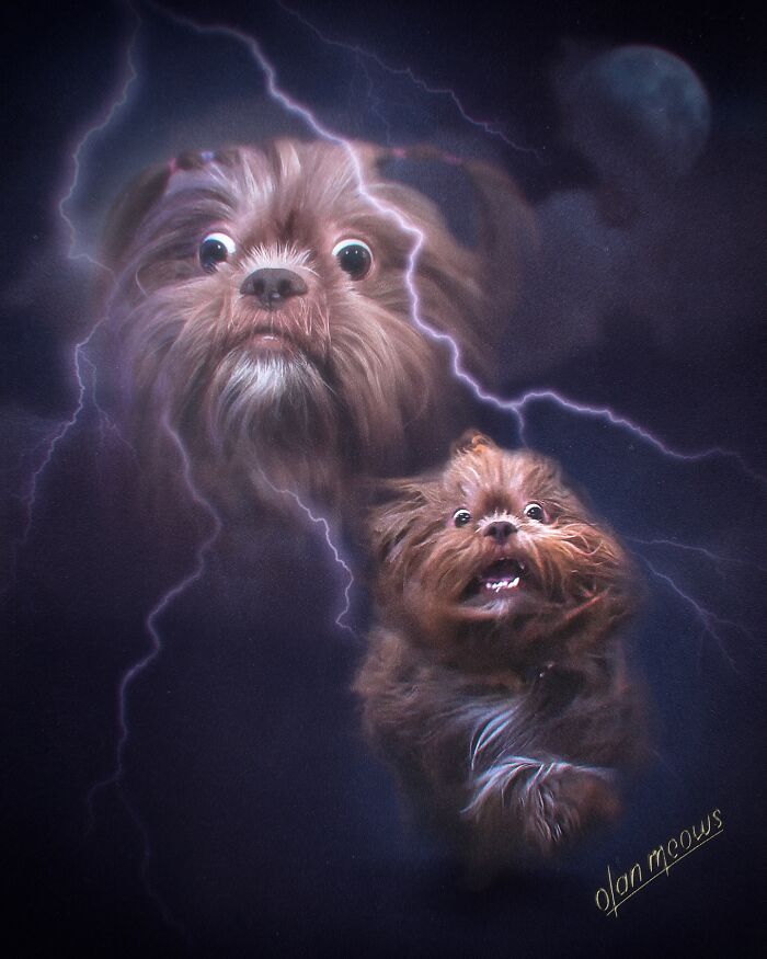 Hilarious 80s portrait of two pets, small dogs with lightning and a moon in the background.