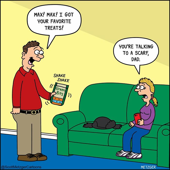A comic by Scott Metzger: A man talks to a scarf, thinking it's his cat, showing the weird logic of cats and dogs.