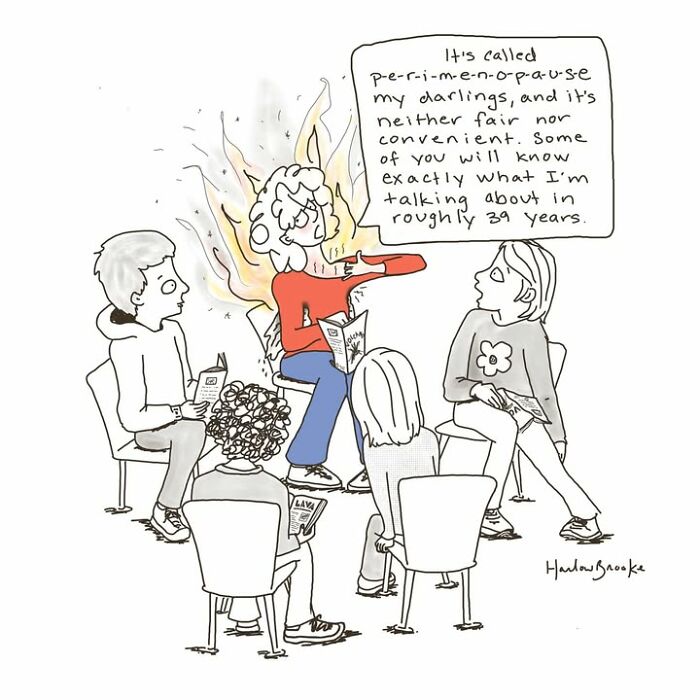 A relatable parenting comic by a cartoonist, showing a woman on fire talking about perimenopause to a group.
