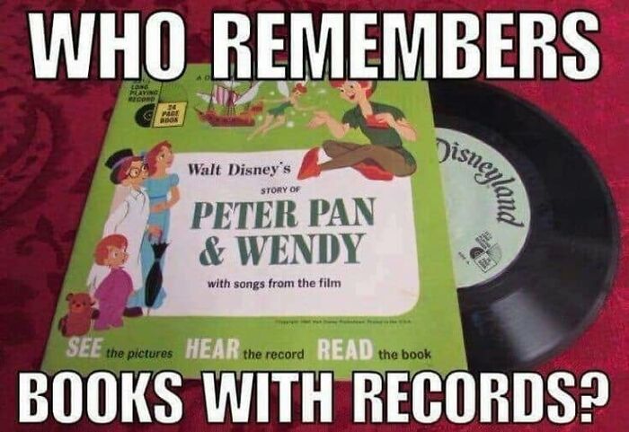 Gen X meme asking who remembers Peter Pan and Wendy books with records.