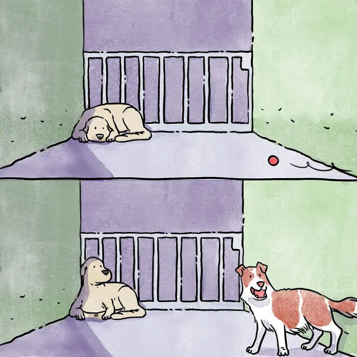 A dog by a fence, first alone, then joined by another dog, showing heartwarming comics of life with pets. A dog by a fence, first alone, then joined by another dog, showing heartwarming comics of life with pets.