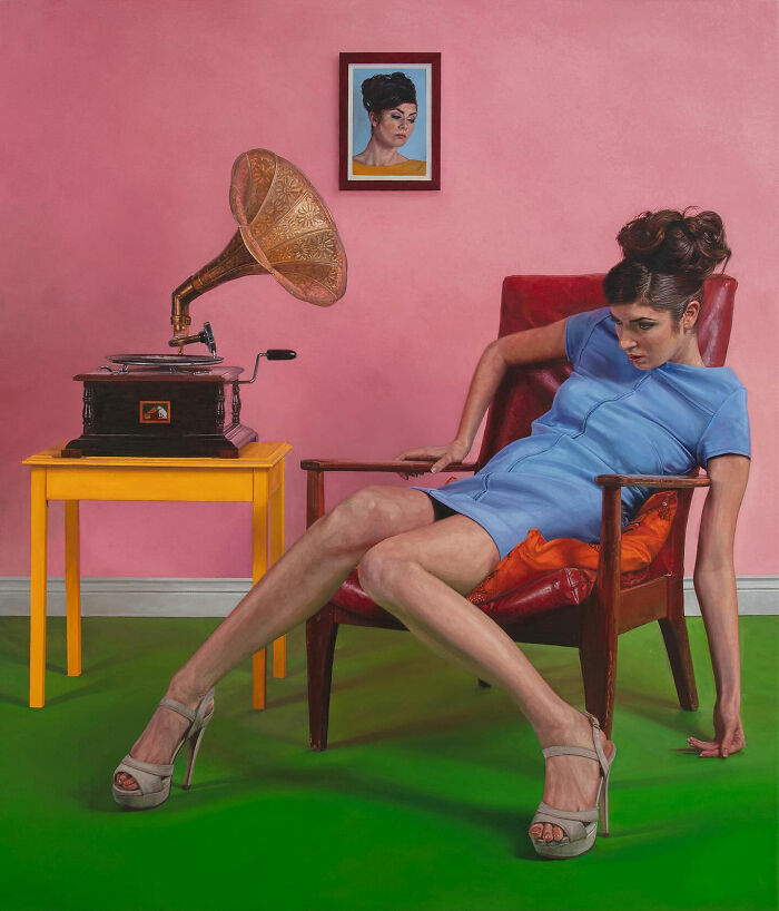 Hyperrealist painting by Ian Cumberland: A woman in a blue dress and heels in a room with a gramophone, packed with surreal details.