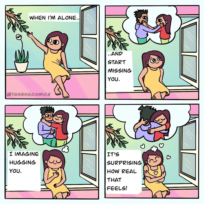 Adorable comics showing a woman missing her partner and imagining hugging them, reflecting deep feelings of being in love.