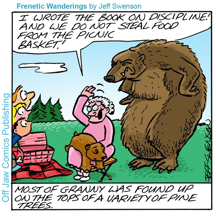 A one-panel comic shows a bear scolding a woman at a picnic, ending with a dark comedic twist.