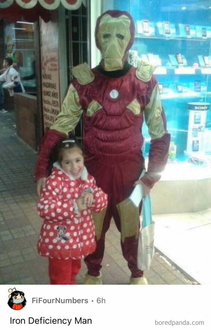 A creative and cursed comment calling a person in a poorly made Iron Man costume 'Iron Deficiency Man'.
