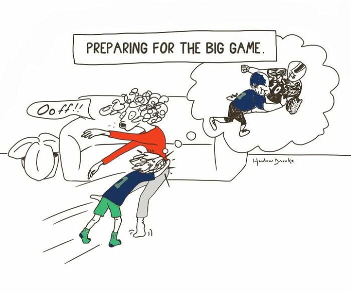Cartoonist portrays the messy side of parenting: a mom being tackled by her child during playtime.