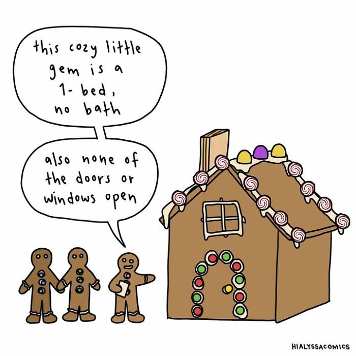 A comic with gingerbread men inspecting a gingerbread house, finding humor in funny ordinary situations.