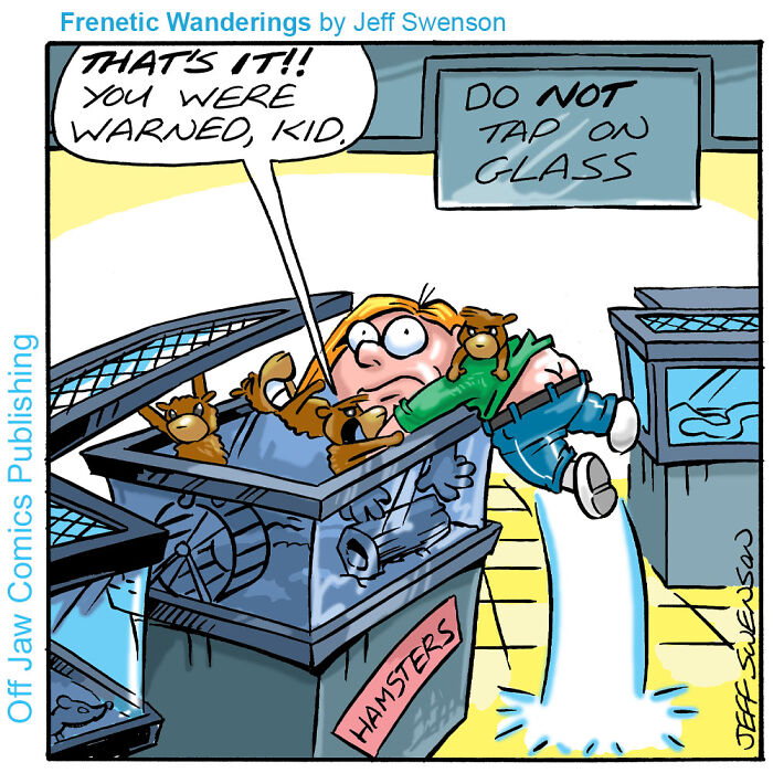 A comic showing a person being pulled into a hamster cage by hamsters, illustrating a one-panel comic.