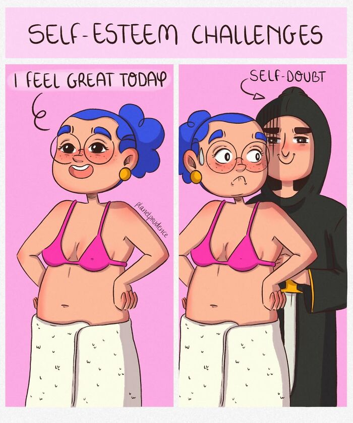 An illustration showing a woman's self-esteem challenges, with her feeling great on one side and self-doubt on the other.