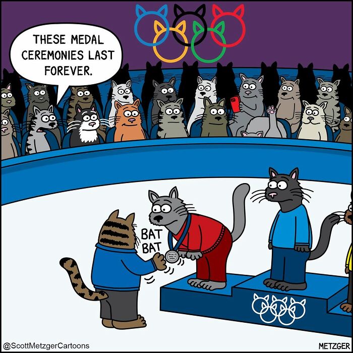A comic by Scott Metzger shows cats in an Olympic medal ceremony, reflecting the weird logic of cats and dogs.