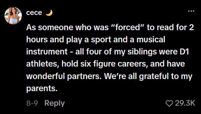 A long comment from cece supporting the mom, sharing personal results from being 'forced' to read and exercise. A long comment from cece supporting the mom, sharing personal results from being 'forced' to read and exercise.