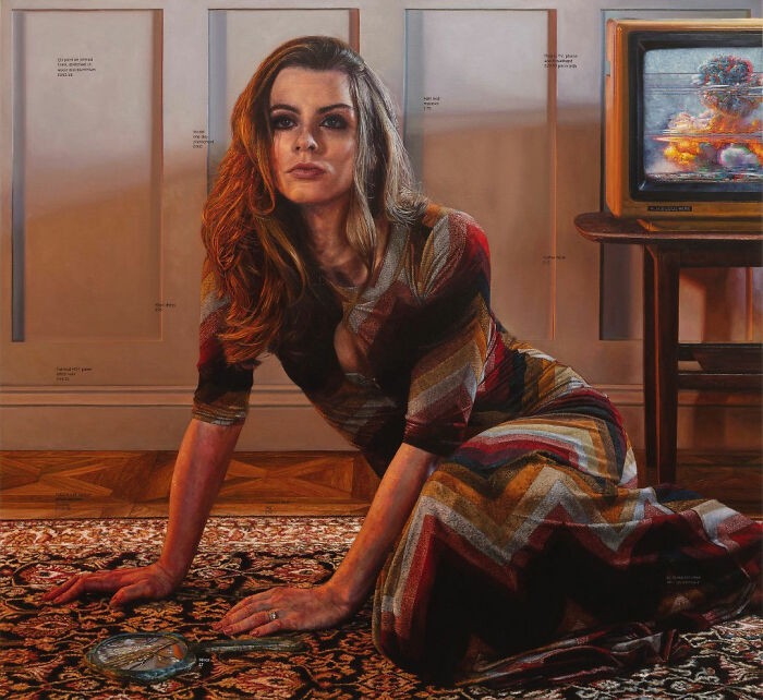 Hyperrealist paintings by Ian Cumberland: a woman in a striped dress is on a patterned rug, looking towards the viewer.