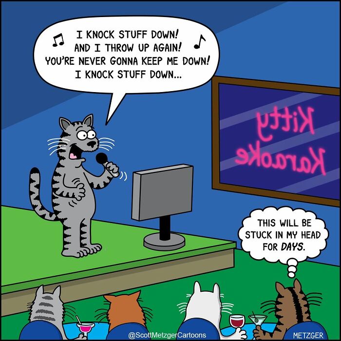 Scott Metzger comic: a cat sings karaoke, while other cats listen. Relatable comics of cats and dogs.