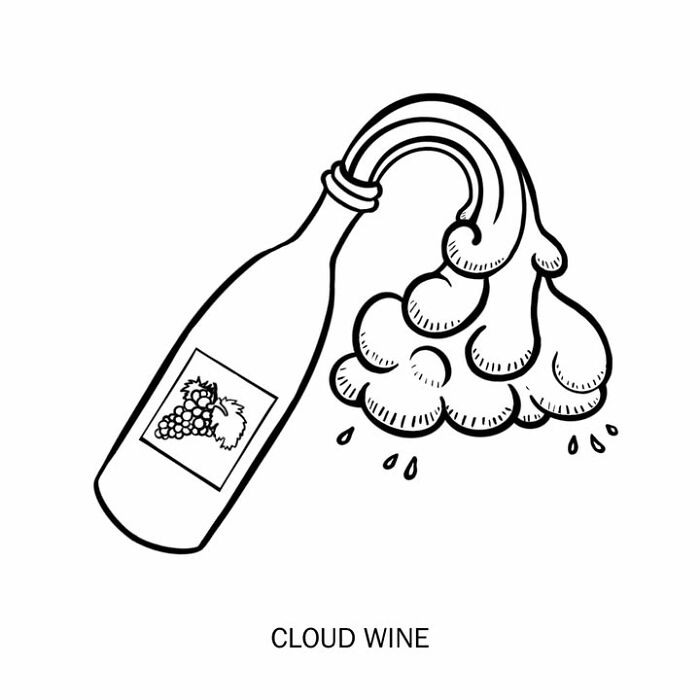 A humorous illustration by an artist showing a wine bottle pouring clouds, playfully redefining words.