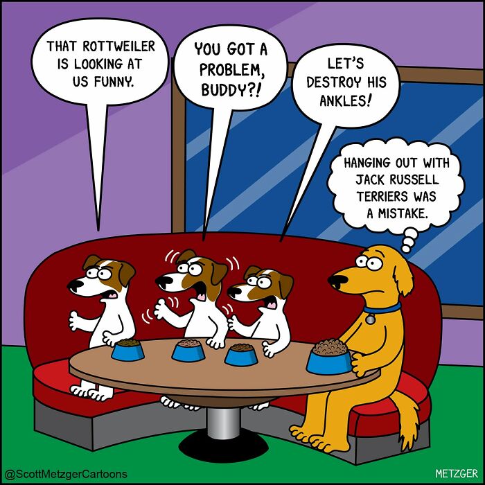 A comic showing a dog regretting hanging out with Jack Russell Terriers. A Scott Metzger comic of relatable dogs.