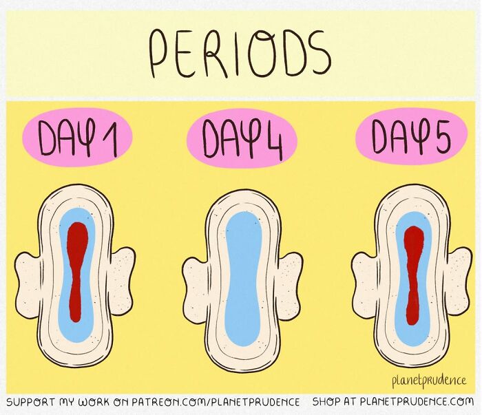 An illustration depicting a woman's experience during her periods, showing sanitary pads for day 1, day 4, and day 5.