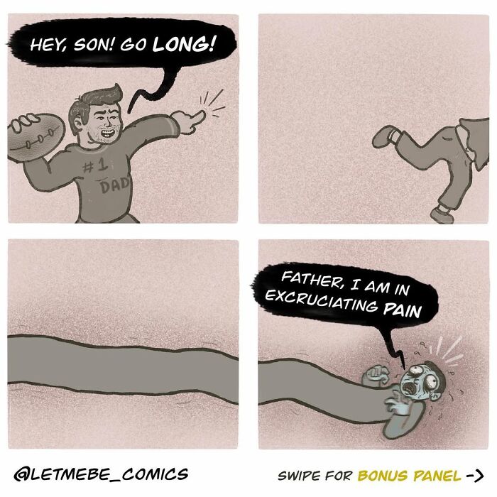 A comic artist shows a dad throwing a football to his son, who stretches into a painful, long form.