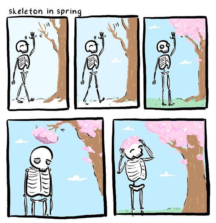 A five-panel comic showing a skeleton in spring, walking by a tree and eventually being covered in cherry blossom petals. These comics involve cats, cryptids, and life choices.