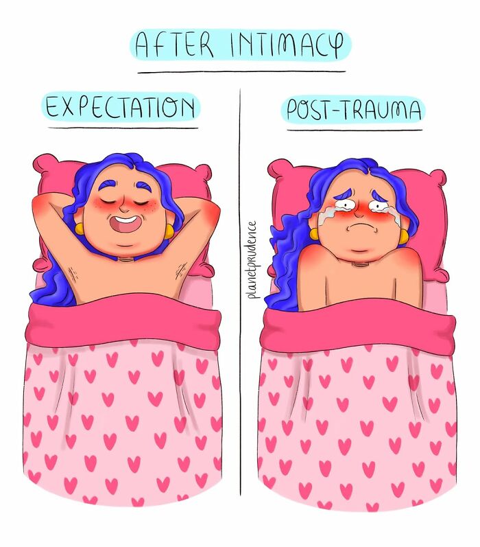 An artist illustrates the expectation versus post-trauma after intimacy, highlighting a complex female experience.