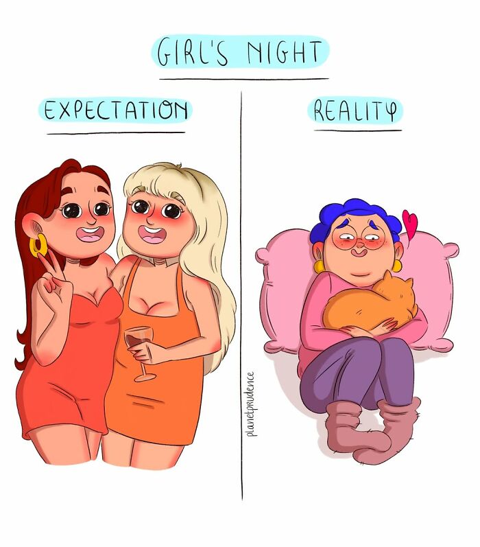 An artist illustrates the expectation versus reality of a girls night, showing what being a woman is like.