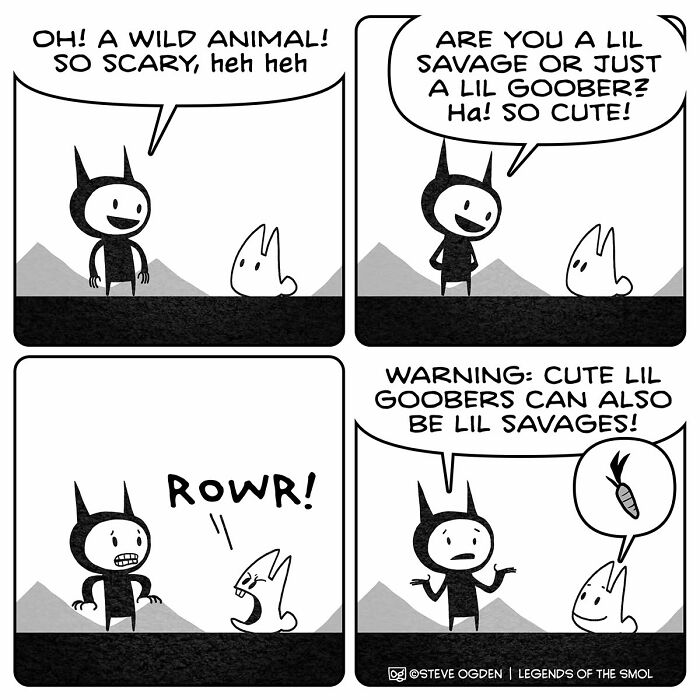 Adorable comics character and a rabbit discuss wild animals and 'lil savages'. A tiny character with confidence.