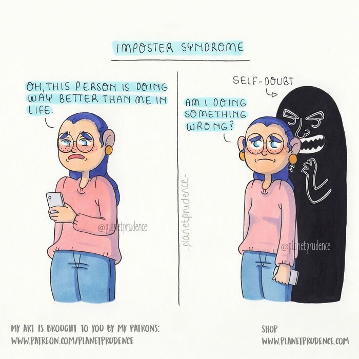 An artist illustrates a woman experiencing imposter syndrome and self-doubt, a relatable feeling for many women.